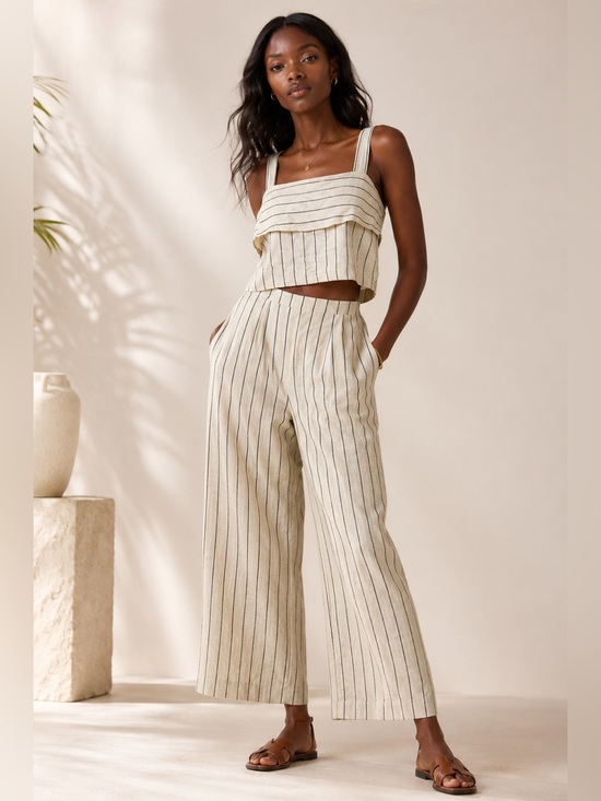 Avec Les Filles Tops - Quiet Luxury Striped Linen Blend Top European Minimalist| Avec Les Filles Size S